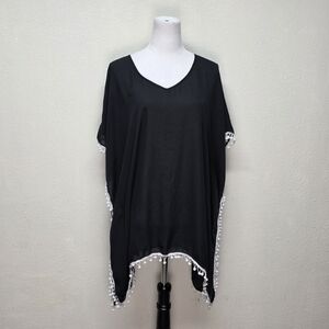 ADREAMLY Black Swim Coverup with White Pompom Accent Trim